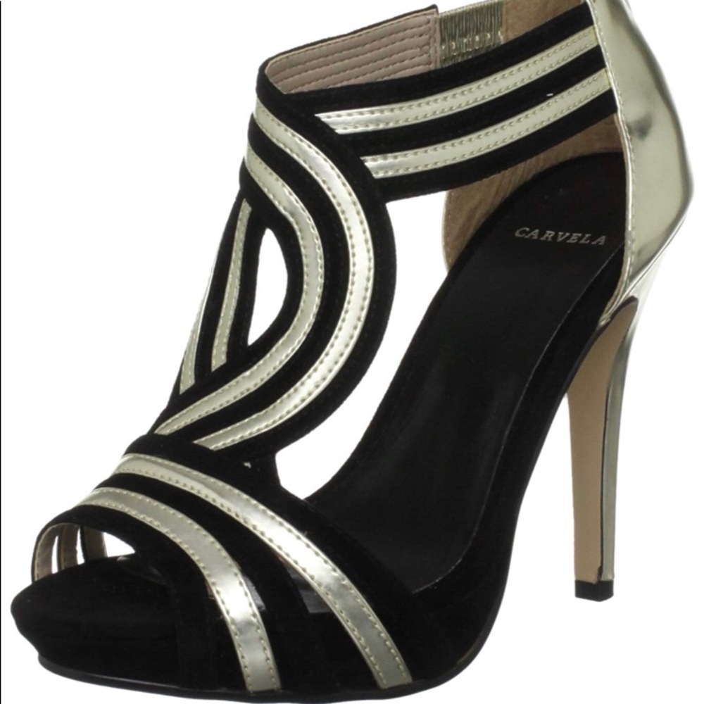Carvela Mason Gold/Black Open Toe Heels